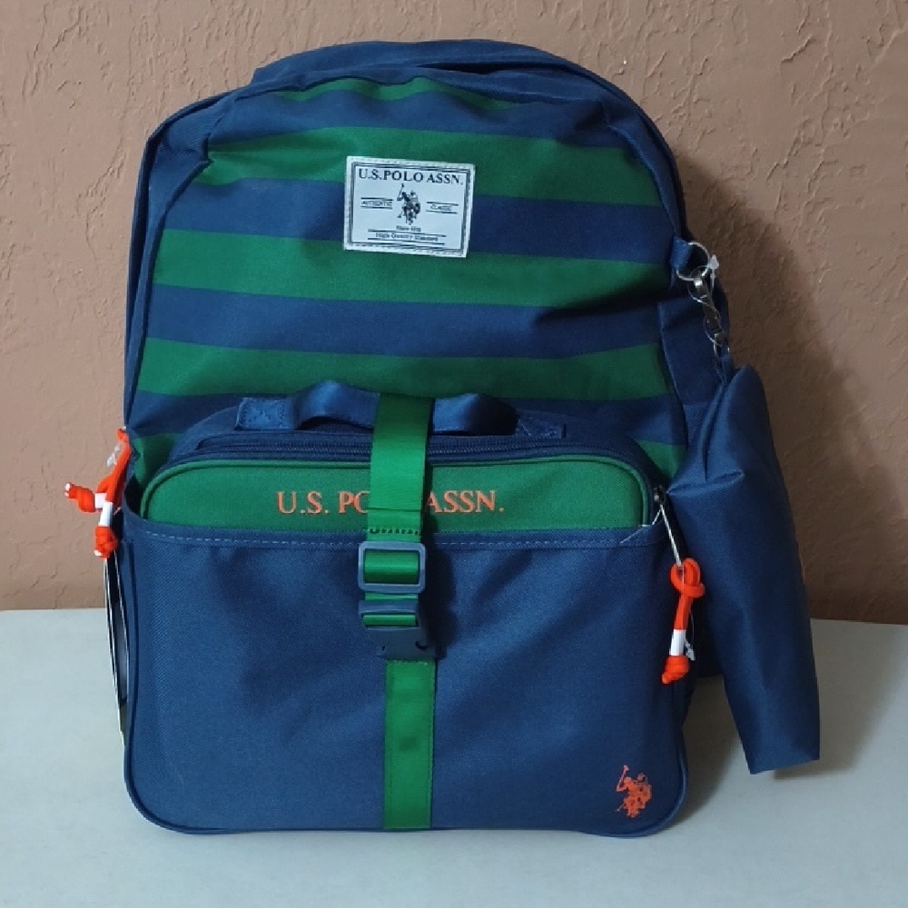 NWT U.S. Polo Assn. Navy and Green 16" Backpack With Insulated Lunch Bag